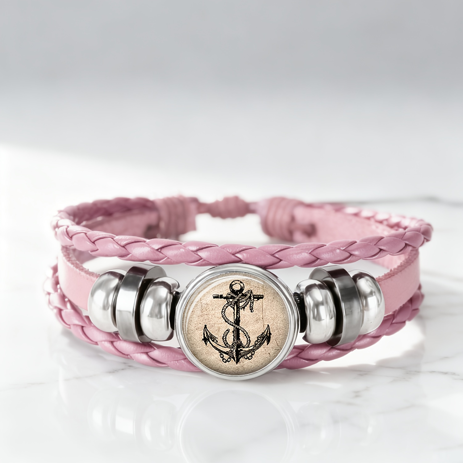 Pink Rope Bracelet with Black Anchor Design, Fresh & Cute